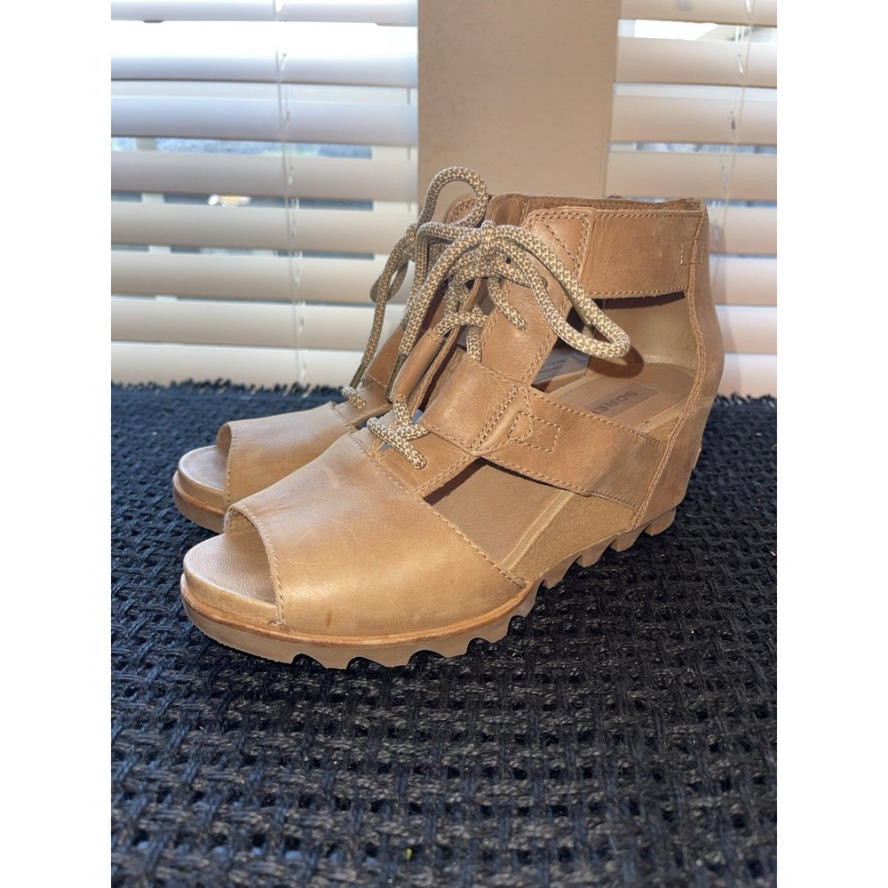 Sorel Joanie Leather‎ Wedge Heel Lace-Up Casual Sandal, Camel Brown Size 9.5